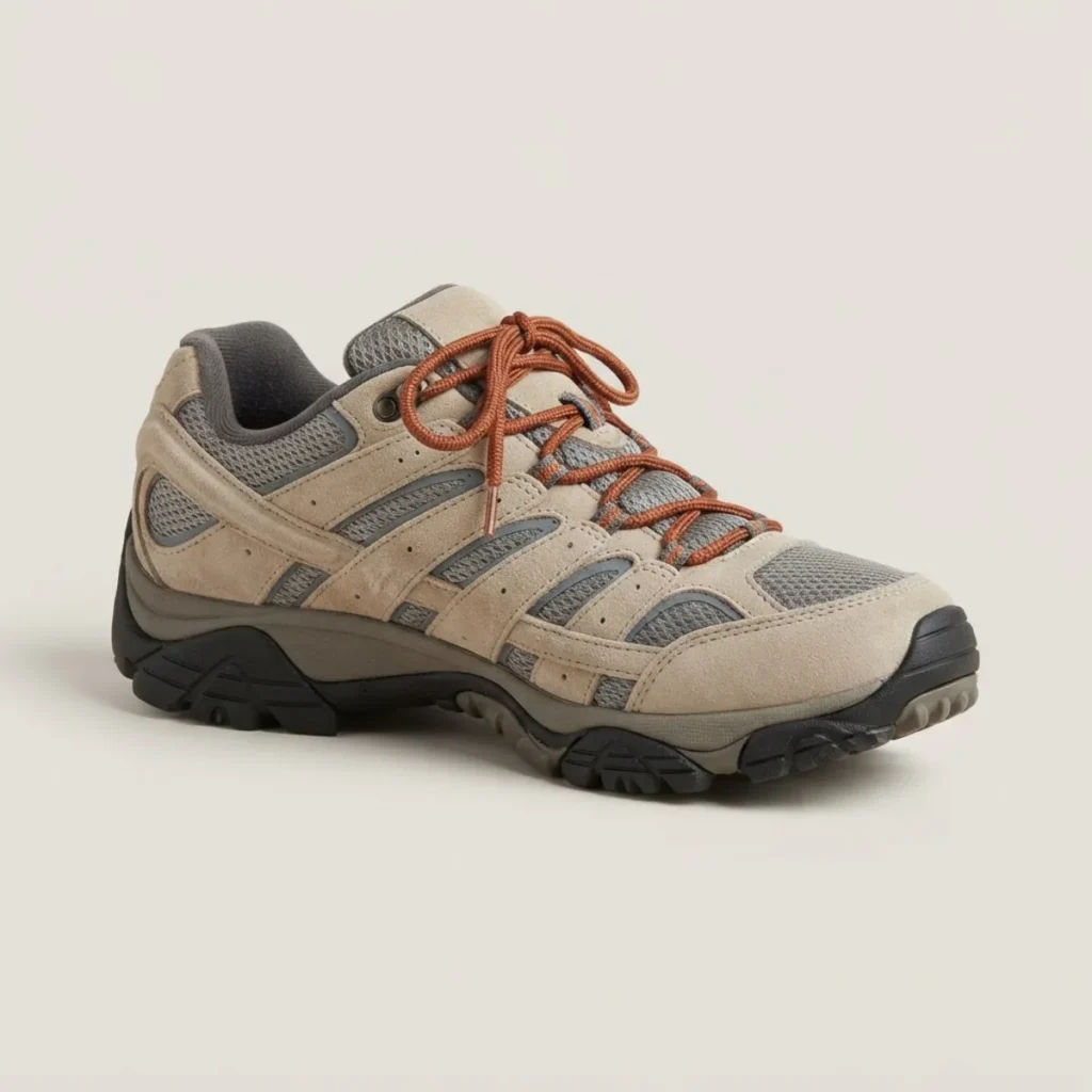 Zapatilla de senderismo Aldarri Urkiola Low Dry, color beige arena con cordones naranja óxido, vista lateral