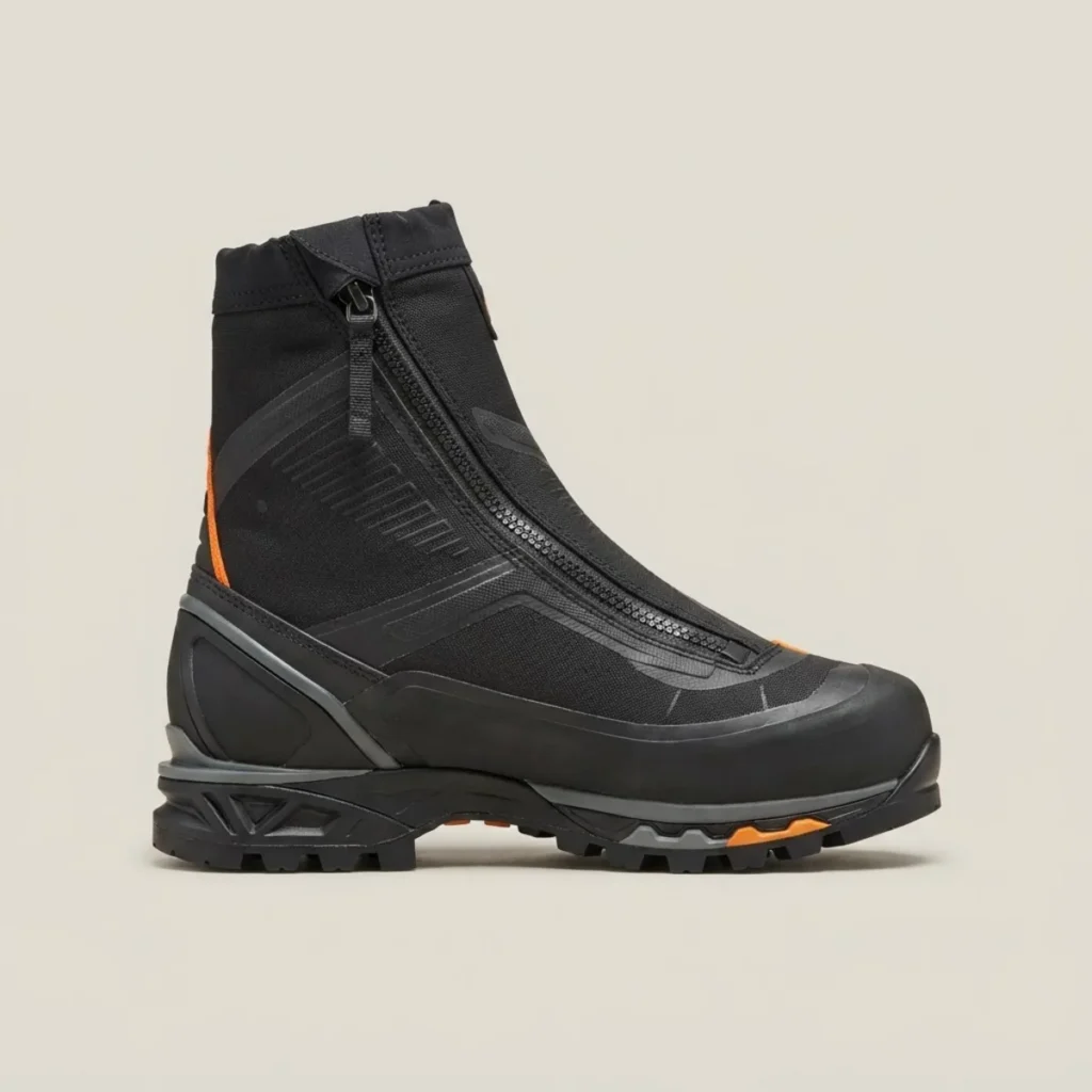 Bota de alpinismo Aldarri Haitz Pro Ice, color negro y naranja señal, con polaina integrada, vista lateral