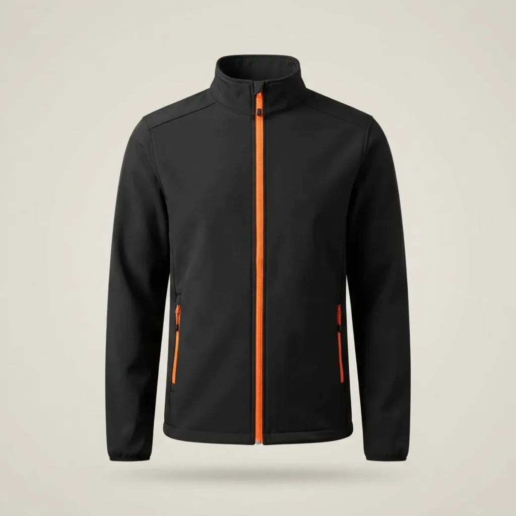 Chaqueta softshell Kelpa Mendata, color negro con cremalleras naranjas, vista frontal
