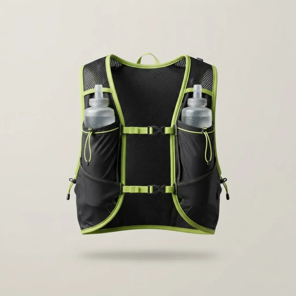 Chaleco de trail Ibarlan Run Vest 12, color negro y lima, con los dos bidones delante