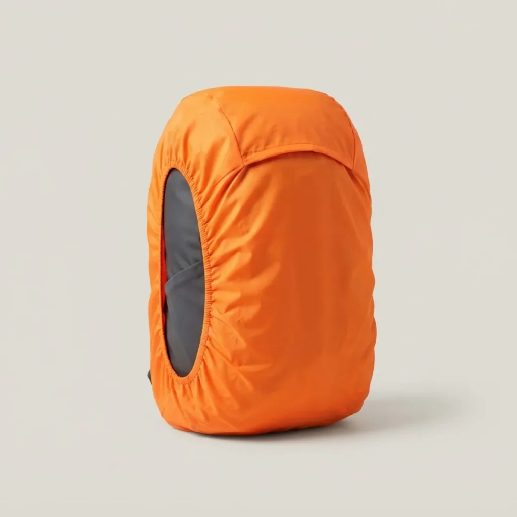 Funda impermeable para mochila Haitzarte, color naranja, puesta sobre una mochila gris