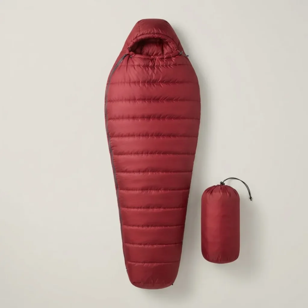 Saco de dormir de plumón Ibarlan Lo 0, color rojo, extendido junto a su bolsa
