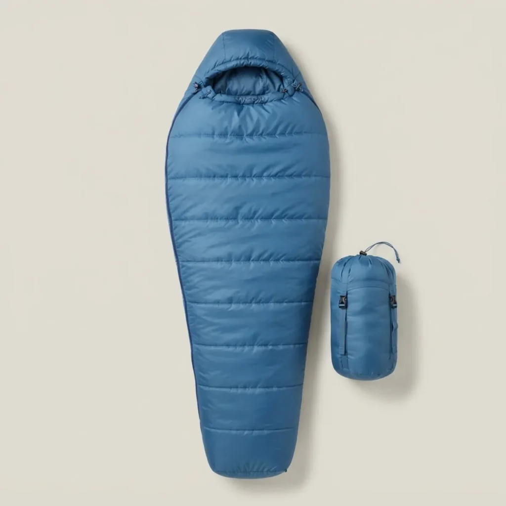 Saco de dormir sintético Ibarlan Lo +5, color azul, extendido junto a su bolsa de compresión