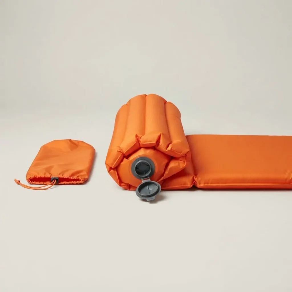 Esterilla hinchable Ibarlan Lur R4.2, color naranja, medio enrollada, con su bolsa de inflado