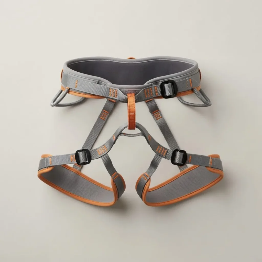 Arnés Zirkon Ferrata, en gris y naranja, extendido en plano
