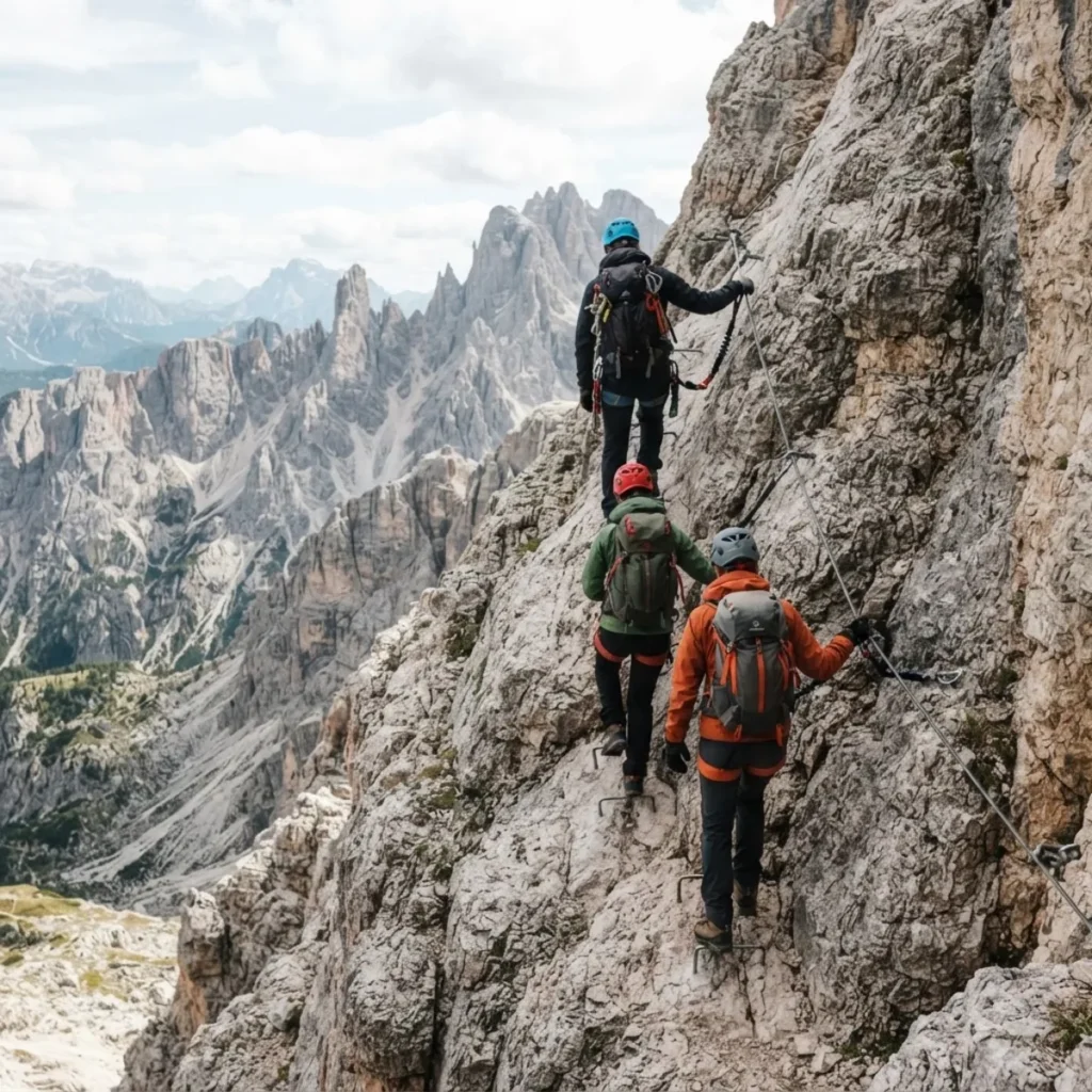 Grupo de personas con casco, de espaldas, en una vía ferrata de roca caliza