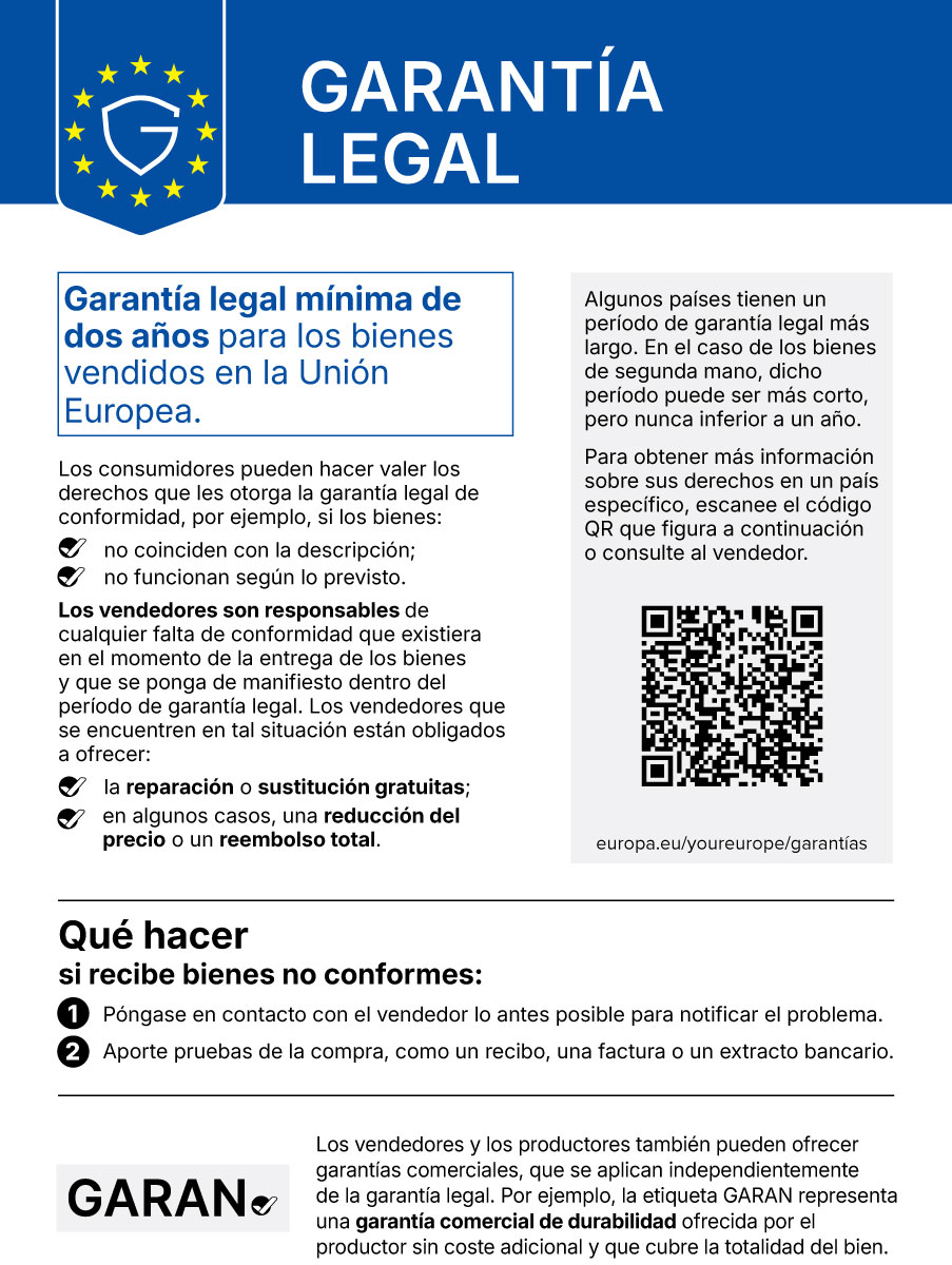 Aviso armonizado de la Unión Europea sobre la garantía legal: garantía legal mínima de dos años para los bienes vendidos en la UE (en España, 3 años), qué derechos tienes y qué hacer si recibes bienes no conformes.