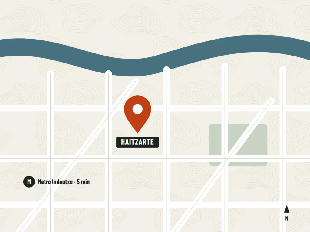 Plano ilustrado de la zona de la tienda de Haitzarte en Bilbao, con la ría y el metro de Indautxu a 5 minutos